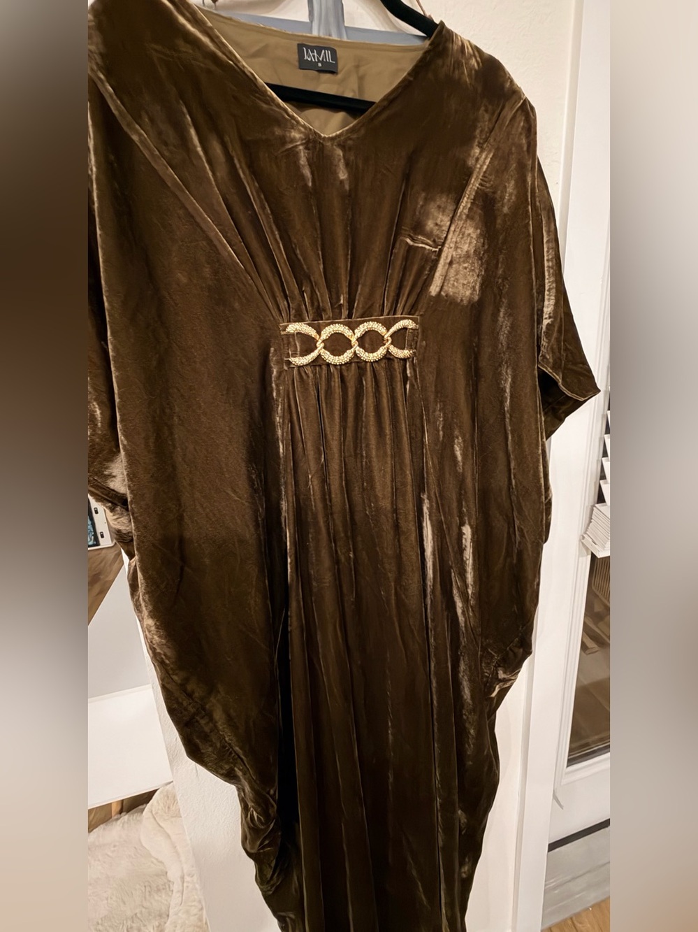 Ami Olive Brown Velvet Maxi Dress with Gold Embellishment